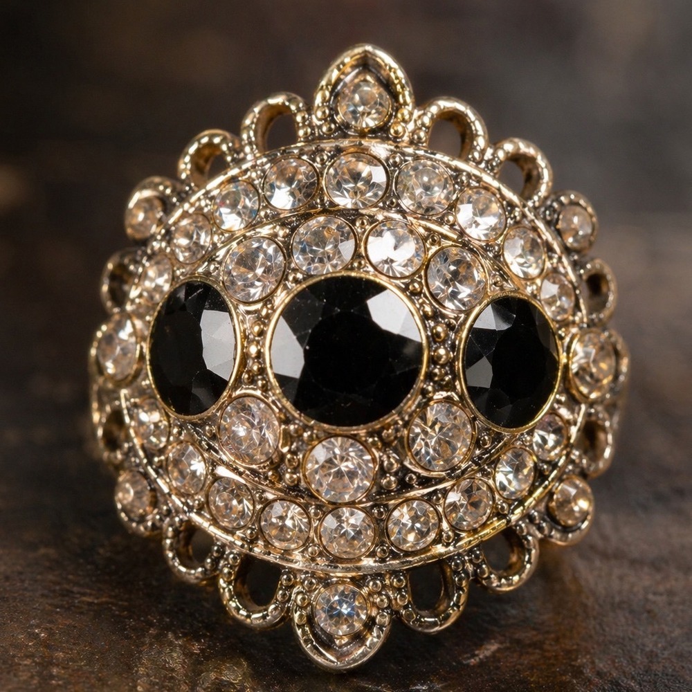 Black Silver Rhinestone Filigree Stretch Statement Cocktail Ring Bling Adjust